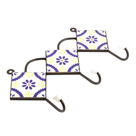 White Navy Blue Yellow Floral Tiles Hook